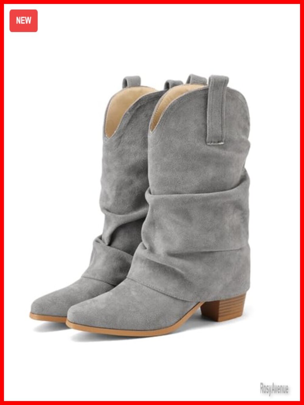 Faux Suede Pointed Toe Slouchy Mid Calf Boots Block Heel Western